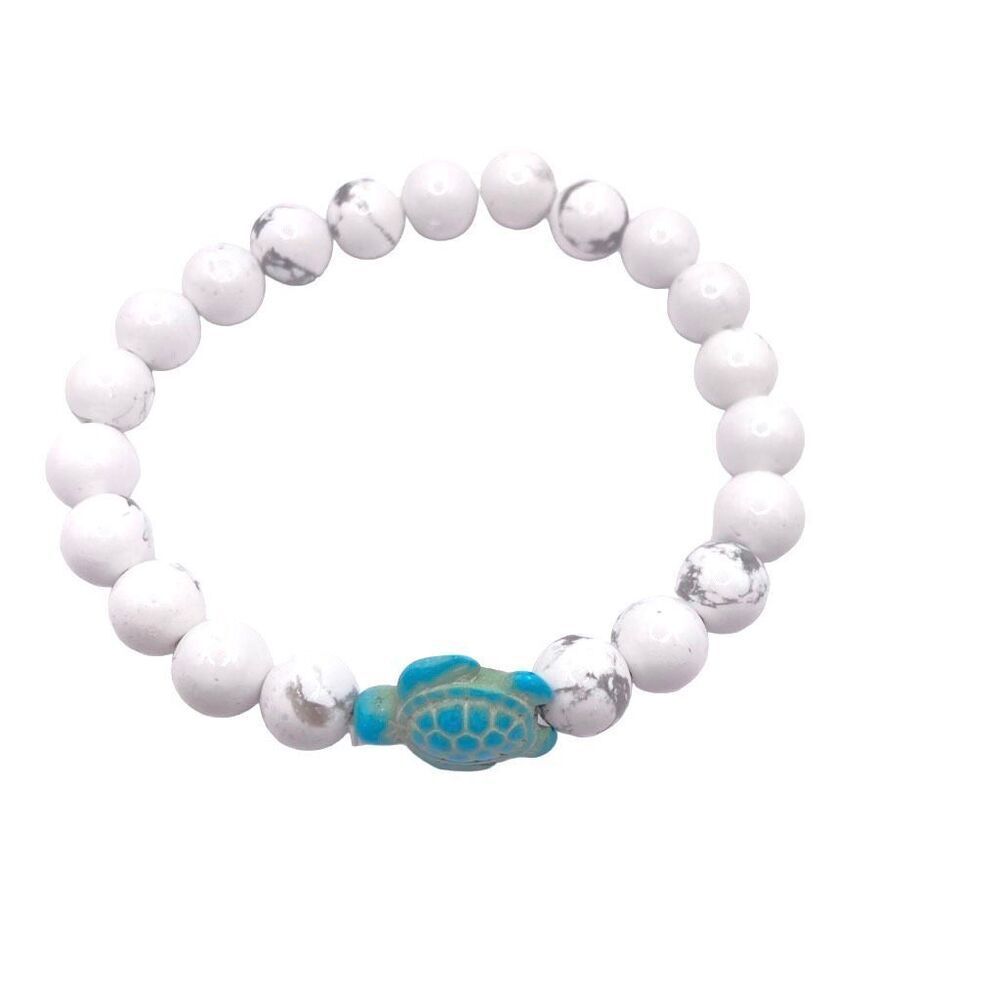 Natural Stone Stretch Bracelet Howlite Stone Blue Green Turtle Charm Bracelet